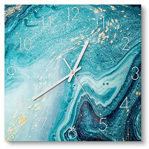DEQORI Glasuhr | 30x30 cm | Motiv Meer aus Marmor | ausgefallene leise Design Uhr aus Glas | Wanduhr für Wohnzimmer & Küche | moderne Hingucker Uhr für die Wand