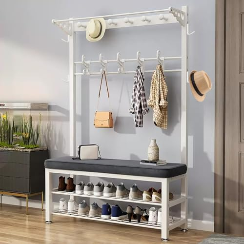 Garderobenständer mit Sitzbank und 10 Abnehmbaren Haken, Freistehende Garderobe mit Schuhregal 2 Ablagen, Garderobe Kleiderständer, Garderobenständer Vintage