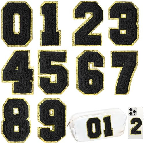 10 Pcs Large Black 3 Inch 0-9 Chenille Number Patches, Iron on Numbers for Fabric and Clothing, Glitter Embroidery Varsity for Letterman Jacket, Backpacks Hats, Sew or Iron on