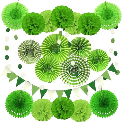Green Party Decoration,Green Hanging Paper Fans, Pom Poms Flowers, Garlands String Polka Dot and Triangle Bunting Flags for Wedding Birthday Graduation Christmas Party Decorations 20 Pcs