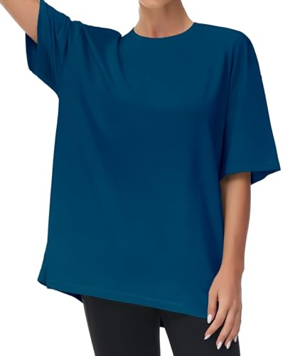 THE GYM PEOPLE Women's Casual Oversized T-Shirts Summer Crewneck Short Sleeve Workout Basic Tee Tops,Dark Blue Green,S