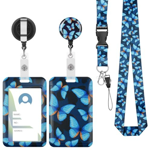 Vicloon Lanyard mit ID Kartenhalte, 2 Stücke Einziehbare Badge Holders Ausweishülle, Ausweishalter mit Clip, Schlüsselbänder mit Schnellverschluss Schnalle(blauer Schmetterling)