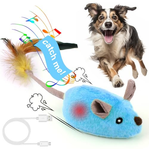 BABORUI Interactive Dog Toys Mouse, Escaping Mice Squeaky Dog Toys with Lights & Auto-Turn, Rechargeable Moving Dog Toys for Small/Medium/Large Dogs & Cats (Blue)
