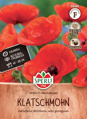 SPERLI Klatschmohnsamen SPERLI's Abendfeuer - Einjährige Blumensamen für leuchtend rote Wildblumen, Wuchshöhe 70-80cm, ideal für Beete und Bauerngärten, Mohnsamen