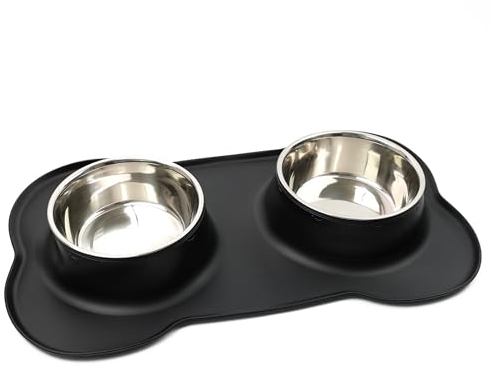 DIVCHI Pets Bowl Food And Drink Double Bowls Set With Silicone Mat Tray For Cats Puppies Small Dogs Feeding (Black, M)