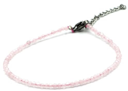 Miracles Minéraux Bracelet perle ronde facettée 2 mm / 4 mm, pierre naturelle, création artisanale française, plus de 50 choix (2 mm acier inox, quartz rose)