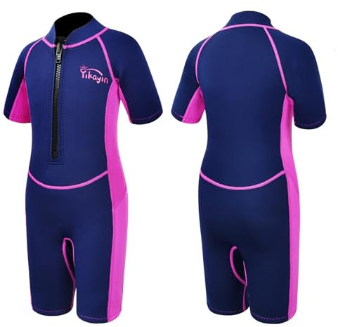 Yikayin Neoprenanzug Kinder Kurz, 2mm Premium CR Nassanzug Shorty Jungen Mädchen, Thermo UV Neopren Schwimmanzug Frontreißverschluss zum Schwimmkurs, Tauchen, Surfen, Schnorcheln, SUP - Rosa M