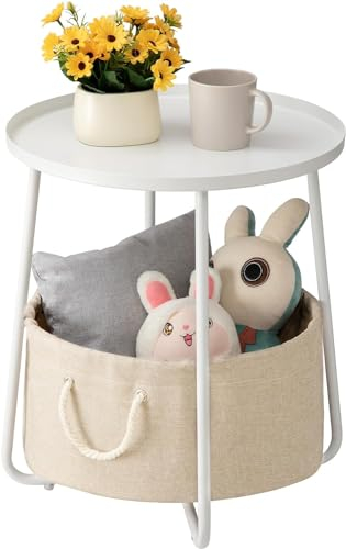 danpinera Beistelltisch Weiss, Beistelltisch rund mit Stauraum, Kleiner Tisch für Wohnzimmer, Balkon Tisch Klein für Schlafzimmer, Badezimmer, Weiß