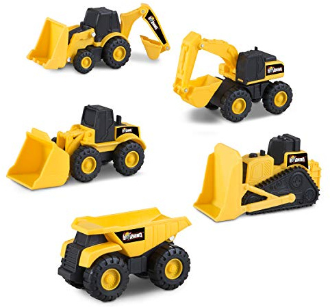 Nikko 30031 Road Rippers Kleine Baufahrzeuge 5-teilig mit Bagger, Radlader, Kipplaster, Baggerlader, Planierraupe, je ca 7,5 cm, für Kinder ab 3 Jahren, Gelb/Schwarz