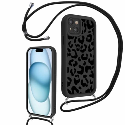 Xylota Handyband für iPhone 15 Hülle mit Band, Silikon Aesthetic Muster Design Handyhülle mit Kette Kordel Schlüsselband, Stoßfeste Mädchen Schutzhülle für iPhone 15 zum Umhängen,Leopard