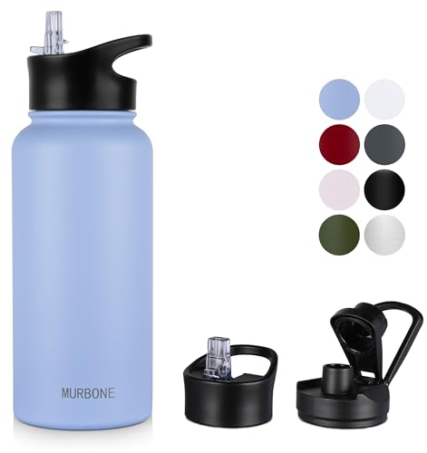 MURBONE Insulated Water Bottle, 1L Stainless Steel Drink Flask with Straw, BPA Free, Leakproof Double Walled Vacuum Bottle with 2 Lids (Straw and Spout), Blue
