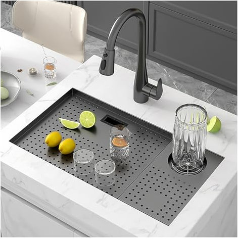 Fregadero oculto de bar, fregadero de cocina de isla central de un seno con tapa, mini fregadero pequeño, acero inoxidable.(55 * 26 * 22cm)