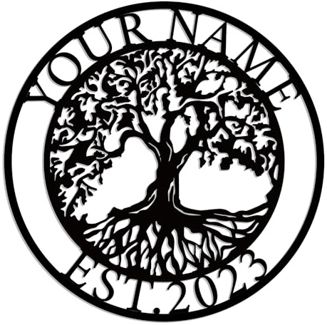 Kissesuu Personalized Tree of Life & Steam Locomotive Metal Wall Art Sign, Family Name Sign, Outdoor Wall Decor, Modern Style-4