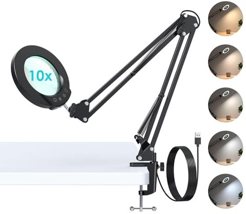 Neoglint Lampada Ingrandimento, Lampada Lavoro con Lente in Vetro Verde 10X da 105mm, Lampada da Scrivania con Lente Touch Control 5 Modalità Colore Con Morsetto In Metallo E Braccio Girevole