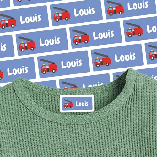 Namensschilder für Textilien, Rucksack & Mehr (81 Aufkleber) – Spülmaschinenfeste Namensetiketten mit Feuerwehr Motiv – Personalisierte Sticker mit Motiv – Waschfest – 30 x 13 mm