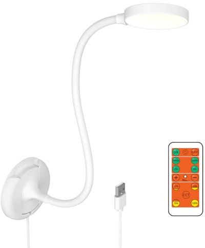 ENUOTEK Lámpara Lectura Pared de LED Blanca con Control Remoto, Luz de Lectura Flexible con Base y Cable USB, Brillo Regulable Sin Escalas, 3 Colores de Iluminación, Temporizador Apagado