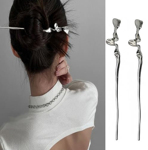 2Pcs Silver Spiral Snake Metal Minimalism Irregular Chinese Hair Chopsticks Hairpin, Punk Metal Hair Chopsticks Chinese Hairpin Hair Accessories for Women and Girls.