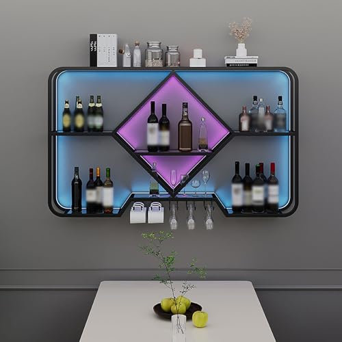 LED Lighted Liquor Bottle Display Shelf Iron Bar Liquor Shelf with Wine Glass Holder Wine Bottles Display Wall Storage Shelf for Kitchen Dinning Room Home Bars Living Room.(Black,100x20x70cm)