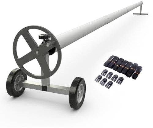 SOARS Enrollador de piscina móvil 4,2 – 4,66 m, sistema de enrollado para lona solar, lona de piscina y cubierta, dispositivo de enrollado resistente a la intemperie, incluye 8 cintas de fijación