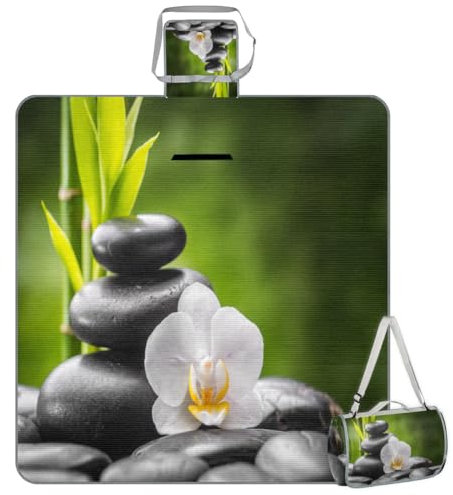 WowPrint Zen Orchidee Bambus-Picknickdecken 150 x 145 cm, Japan Zen Faltbare Outdoor-Stranddecke, wasserdichte Matte für Familie, Strand, Camping, Wandern, Picknick