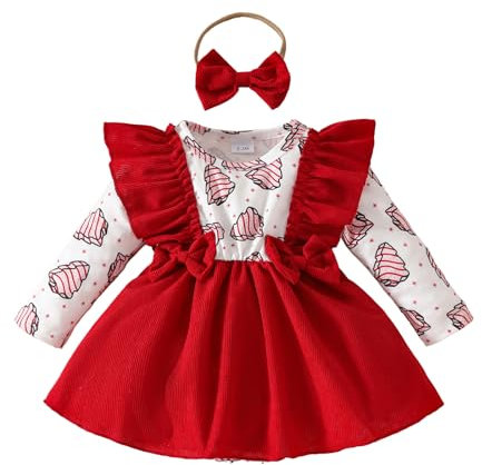 Himllauen Completo da 3 Pezzi per Neonata Bambina Autunno Carino Outfit Albero di Natale/Babbo Natale/Ghiaccioli Stampa Tuta Manica Lunga+ Fascia per Ragazze (Rosso C, 12-18 Months)