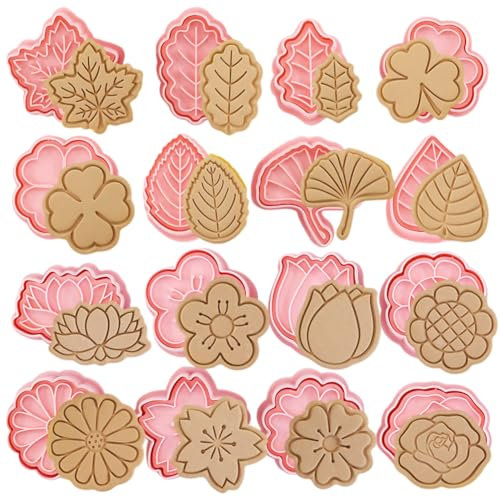 Set di 16 formine per biscotti, fiori e foglie 3D, fiori e foglie, per fiori e foglie, decorazione per biscotti, accessori per la cottura fai da te