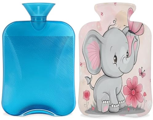 Cute Elephant Hot Water Bottle with Cover, Elephant Flower 2L Hot Water Bag for Pain Relief, Neck and Shoulder, Hand Feet Warmer
