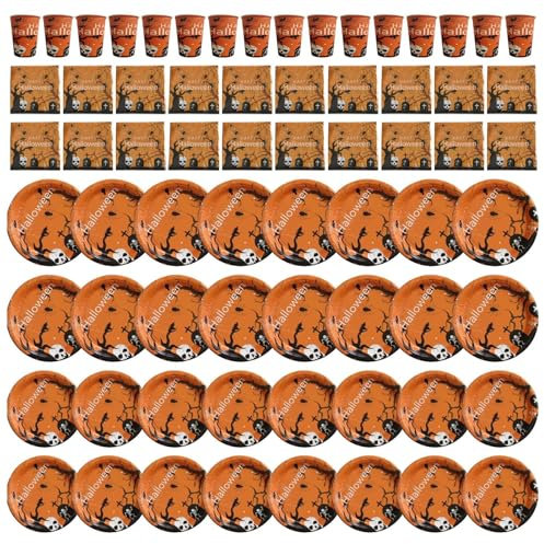 Juego de vajilla de Halloween, vajilla para fiesta de Halloween, vasos de Halloween, suministros para fiesta, juego de vajilla Happy Halloween, platos, vasos y servilletas de cartón para decoraci