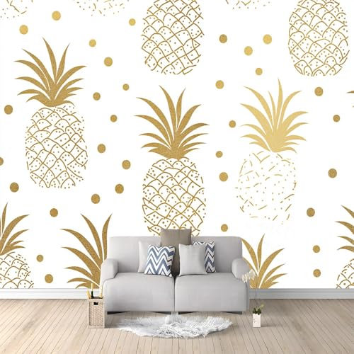 Goldenes Ananasmuster Fototapete Weiß 300x210 cm Fototapeten Wandbild Motivtapeten Vlies-Tapeten Moderne Wandtapete Wand Schlafzimmer Wohnzimmer Dekoration