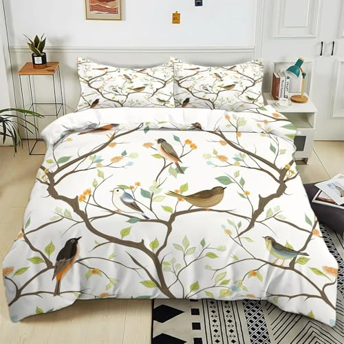 Generisch Bettwäsche 135x200 cm Vögel Zweige Blätter 3D Bedruckte Bettbezug Einfache Pflege 3-Teiliges Bettwäsche Set Polyester Baumwolle mit Reißverschluss und 2 Kissenbezug