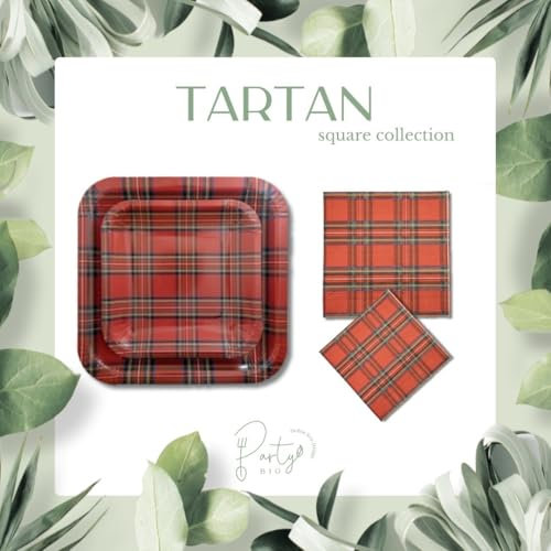 PartyBIO - KIT Natale Tartan 112 Pezzi - Stoviglie Biodegradabili Monouso per Feste | Piatti Carta, Bicchieri Carta, Tovaglioli Compostabili per Eventi, per Fino a 16 Ospiti QUADRATO