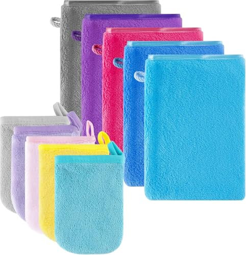 Leikedun 10 Gants de Douche en Microfibre, Gants de Nettoyage du Visage Doux, Super Absorbant Gants en Polaire Corail, Serviette de Visage, Gants Démaquillants Réutilisables