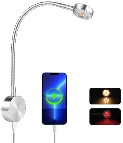 Obeaming Campervan LED Reading Light 12V Flexible Spot Inbuilt Dimmer Switch, Type-C Charger&Red Night Light Bedside Reading Lamp 3200K for Motorhome Caravan Camper Van, DC12-24V (Silver)