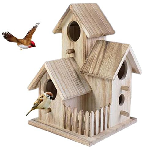 Bird Feeders, Bird Houses for Outside, 3-in-1 Wooden Bird House with Back Door, Flexible Install Weather-Resistant Birdhouse for Garden, Porch or Tree Top