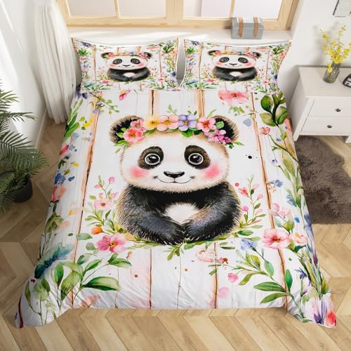 Homewish Panda Bettwäsche 135x200 Kinder, Süße Tiere Bettbezug Niedlich für Mädchen Jungen, Schwarz-Weiß Ästhetische Bett Set, mit 1 Kissenbezug Schlafzimmer Holzbrett Dekor, Weiche Mikrofaser