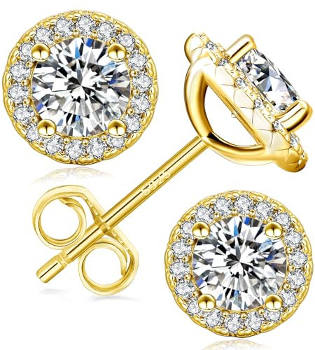 KRKC Halo Moissanit Ohrringe für Damen, Diamant Ohrstecker 1,0 Karat, 925 Silber 14K Gold vergoldet VVS1 D Farbe, Nickelfrei Schmuck Geschenk für Frau Mutter Freundin Sie