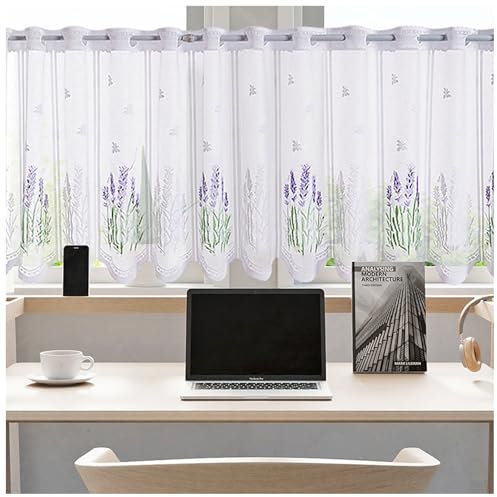 XYUERU Scheibengardine,Kurzgardine Landhausstil Lila Lavendel Stickerei Voile Bistrogardine Fenstergardinen Spitze Jacquard Küchengardine,für Schlafzimmer Wohnzimmer Café(180x50cm)