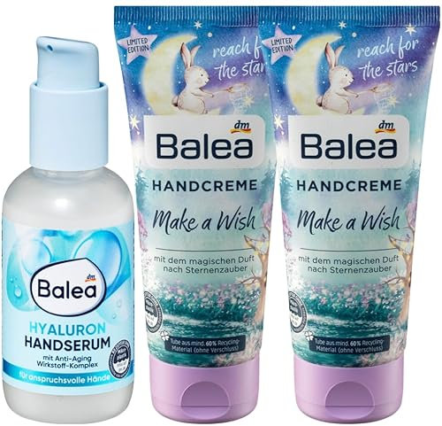Balea 3er-Set Handpflege: Handserum HYALURON pflegt Hände intensiv mit Anti-Aging-Wirkstoff-Komplex & Panthenol, 75 ml + Handcreme MAKE A WISH magischer Duft & Extra-Feuchtigkeit, 2 x 100 ml (275 ml)