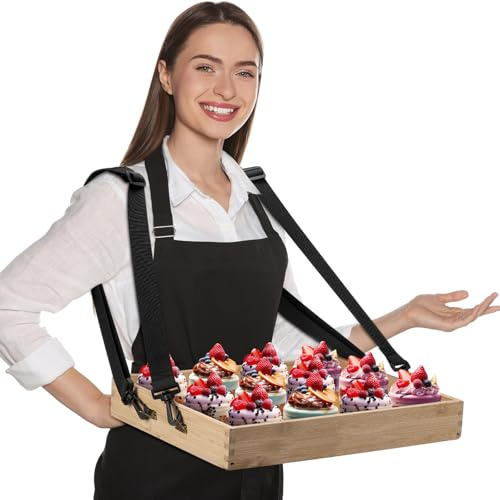 Teenyyou Wooden Vendor Trays with Strap 15 x 11 x 2 Inch Movie Night Party Serving Snack Trays Usherette Popcorn Drink Vending Concessions Tray Beverage Carrier for 20's Theme Prop(Wood,Spaces)