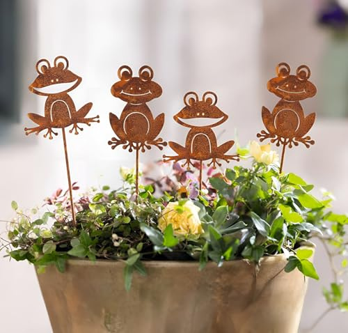 Dekoleidenschaft 4X Gartenstecker Frosch aus Metall mit Rost-Finish, 38 cm hoch, Blumenstecker, Outdoor Rostdeko, Gartendeko für Außen