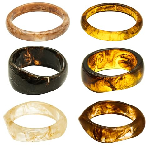 HINGTAI Juego de 6 pulseras gruesas de resina acrílica para mujer, joyas geométricas anchas y gruesas, geométricas, irregulares, coloridas, grandes, llamativas, regalo de moda.