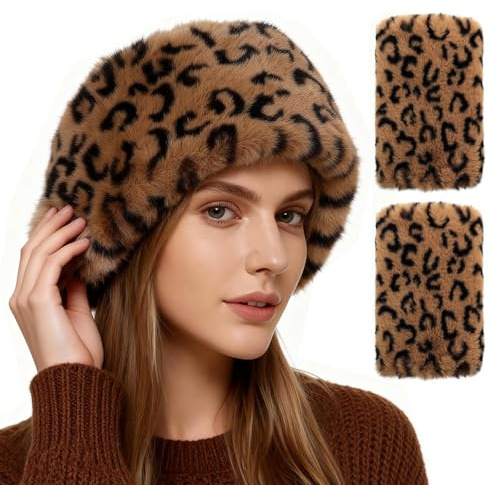 Hifot Chapkas Femme avec Gants sans Doigts Hiver, Fausse Fourrure Bandeau Cache Oreille avec Mitaines, Chapka Russe, Costume d'hiver