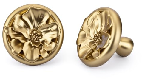 Rergy 4 Stück Blumenform Möbelknöpfe Gold, Schrankknöpfe Gold Messing, Blumenmuster Möbelknauf für Schränke,Kleiderschränke, Möbel und Hardware