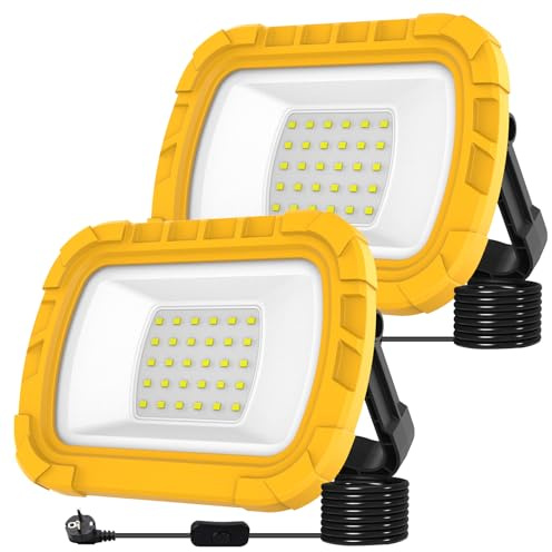 T-SUN 30W Foco LED Portátil, 1000LM Foco Trabajo LED con Enchufe y Cable de 1,8 m, Soporte Plegable, Blanca Fría de 6500K, Luz de Trabajo Impermeable para Garajes, Talleres y Obras- 2 Piezas