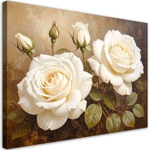 Feeby Leinwandbild - Bilder Wohnzimmer - Cremefarbene Rosen Blumen - 100x70 1tlg - Deko Schlafzimmer - Wanddekoration - Aesthetic - Groß Moderne Bild - Foto auf Leinwand