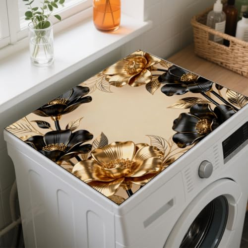 GLOBLELAND Waschmaschinen-Abdeckung, Kunstfaser, Schwarz-Gold Blumenmuster, 60x50 cm, Rutschfeste Schutzmatte für Waschmaschine und Trockner
