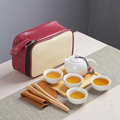 Hoobar Chinese Kungfu Tea set portatile set di tazza da tè in ceramica fatta a mano Gongfu teiera kit con una borsa da viaggio 4 tazze White