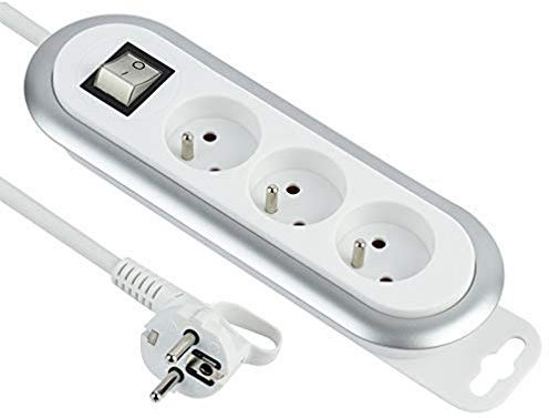 Electraline 30930 Bloc 3 Prises, enrouleur de câble, avec interrupteur et fiche plate. Rallonge Multiprise 3 m. , Blanc