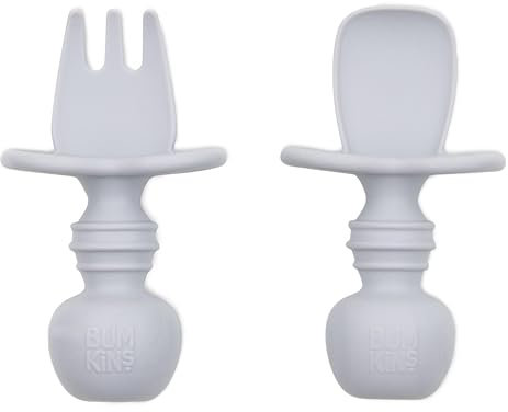 Bumkins Chewtensils, 100% Silicone Baby-Led Weaning Cutlery - Fork and Spoon Pair, 6 Months+, Grey