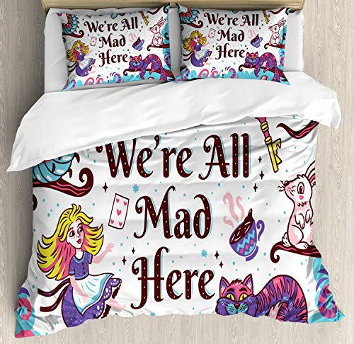 ABAKUHAUS Fantasie Bettbezugs Set Für Doppelbetten, Alice im Wunderland, Milbensicher Allergiker geeignet mit Kissenbezügen, 200 x 200 cm,Mehrfarbig Violett